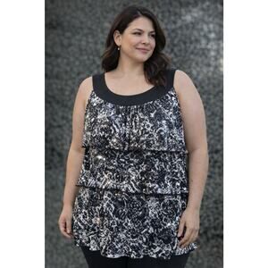 CJ Banks 1X Womens Black White Sequin Tiered Ruffle Tank Top Plus Sized Blouse